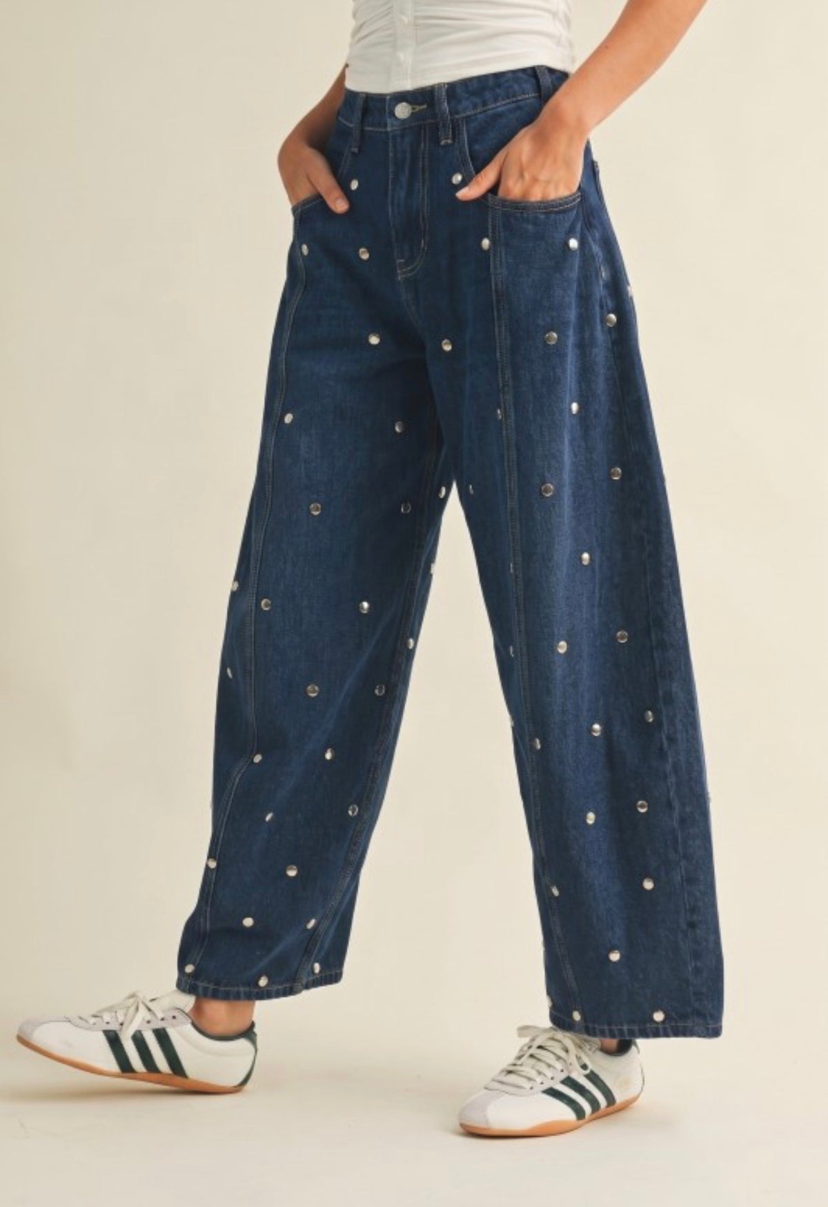 Dark Denim Studded Barrel Pants** PREORDER **