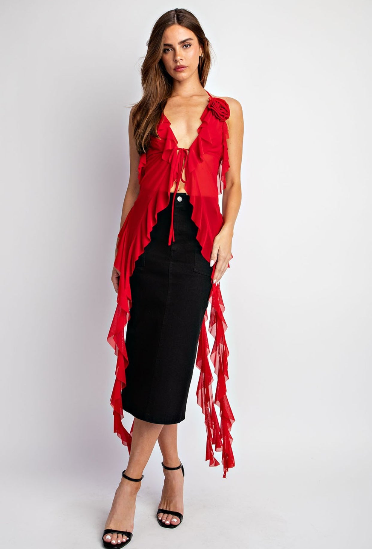 Maria Halter Neckline Rosette Detail Mesh Top