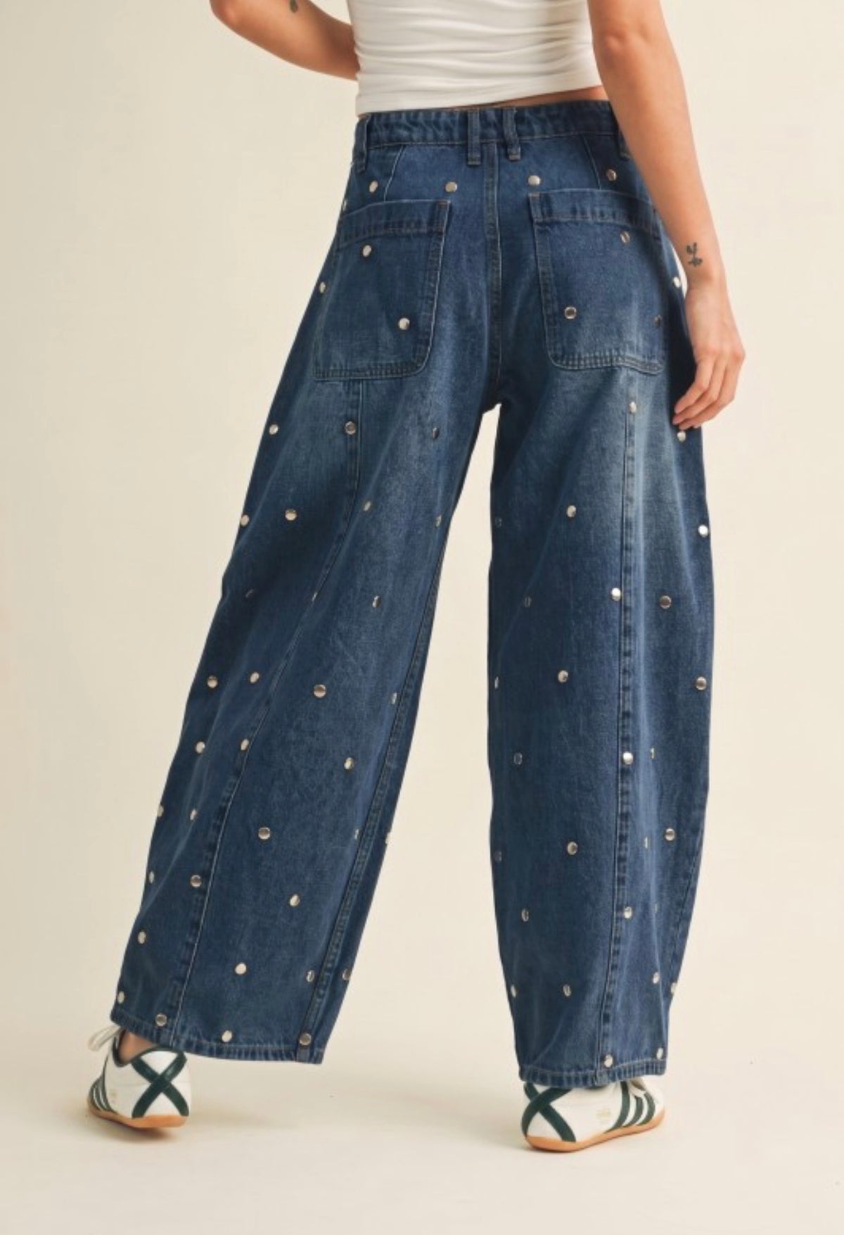 Dark Denim Studded Barrel Pants** PREORDER **