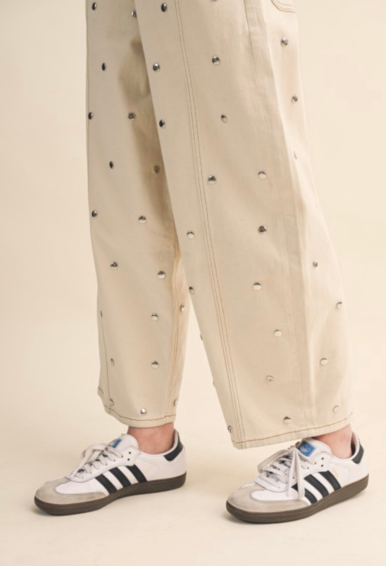 Cream Denim Studded Barrel Pants