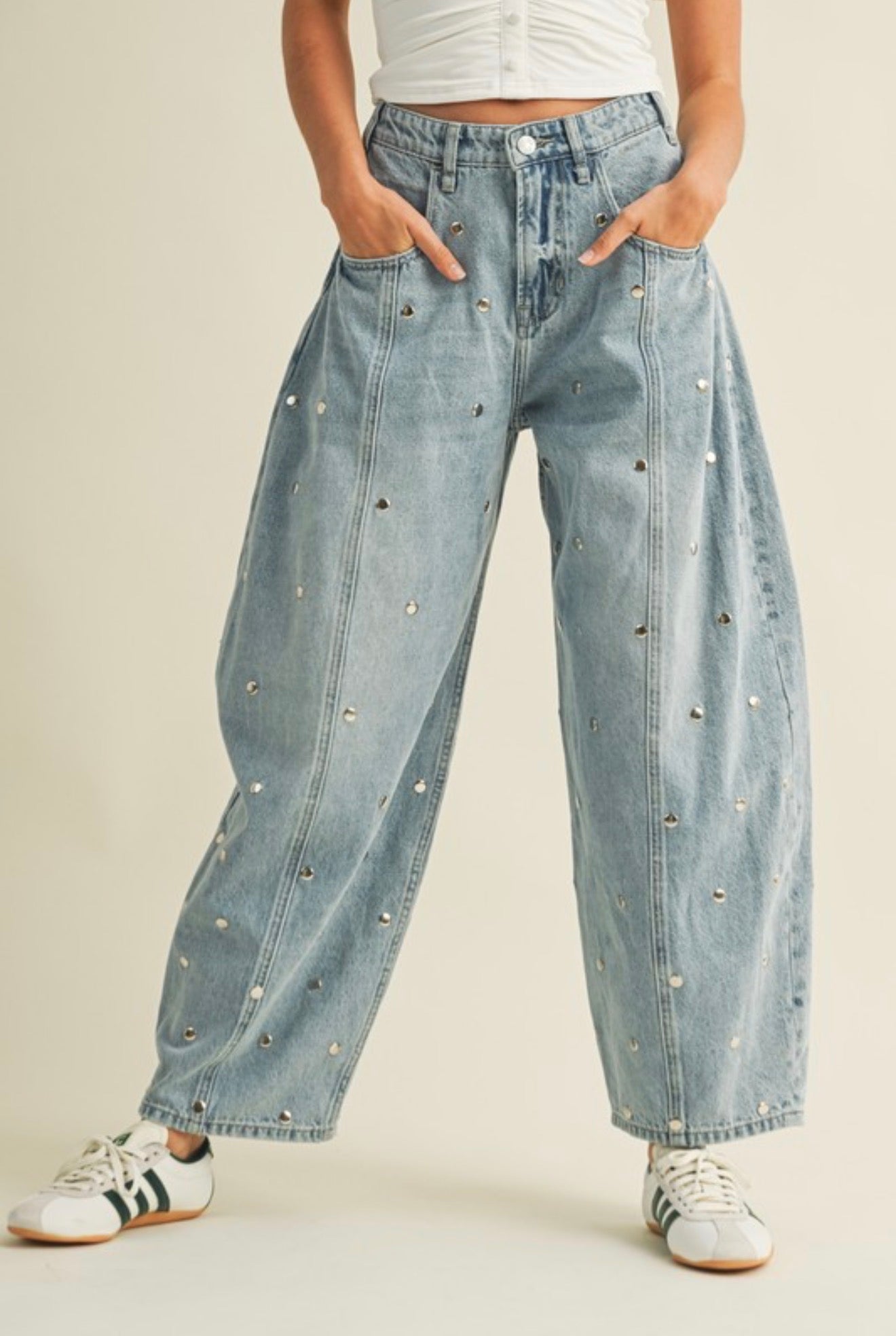 Light Denim Studded Barrel Pants