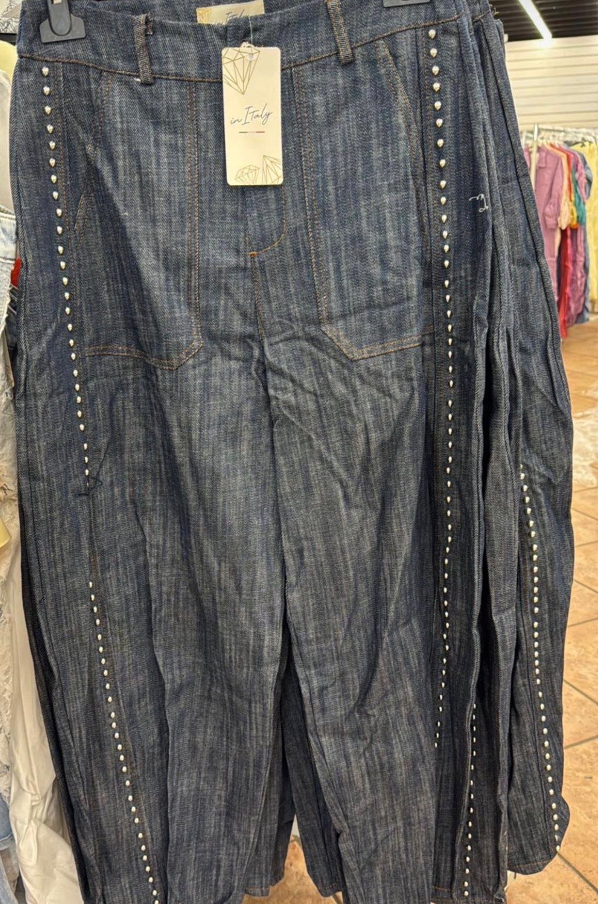 Studded Denim Barrel Pants