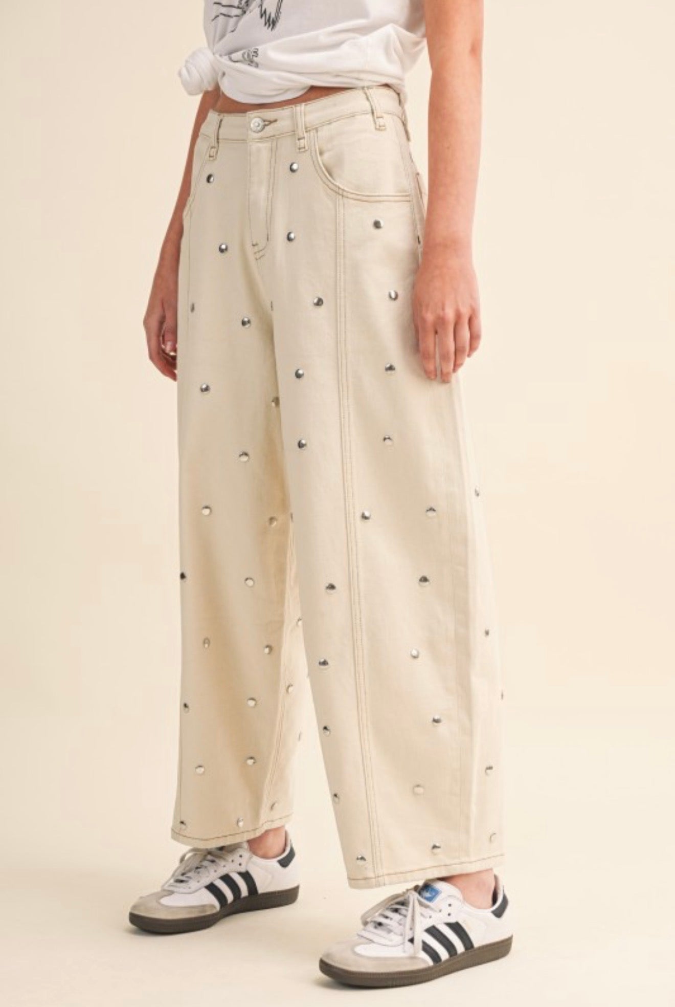 Cream Denim Studded Barrel Pants