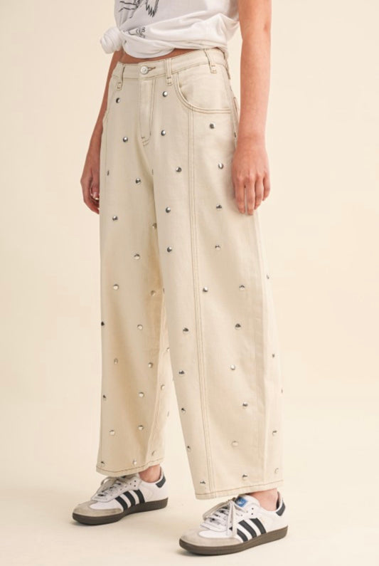 Cream Denim Studded Barrel Pants