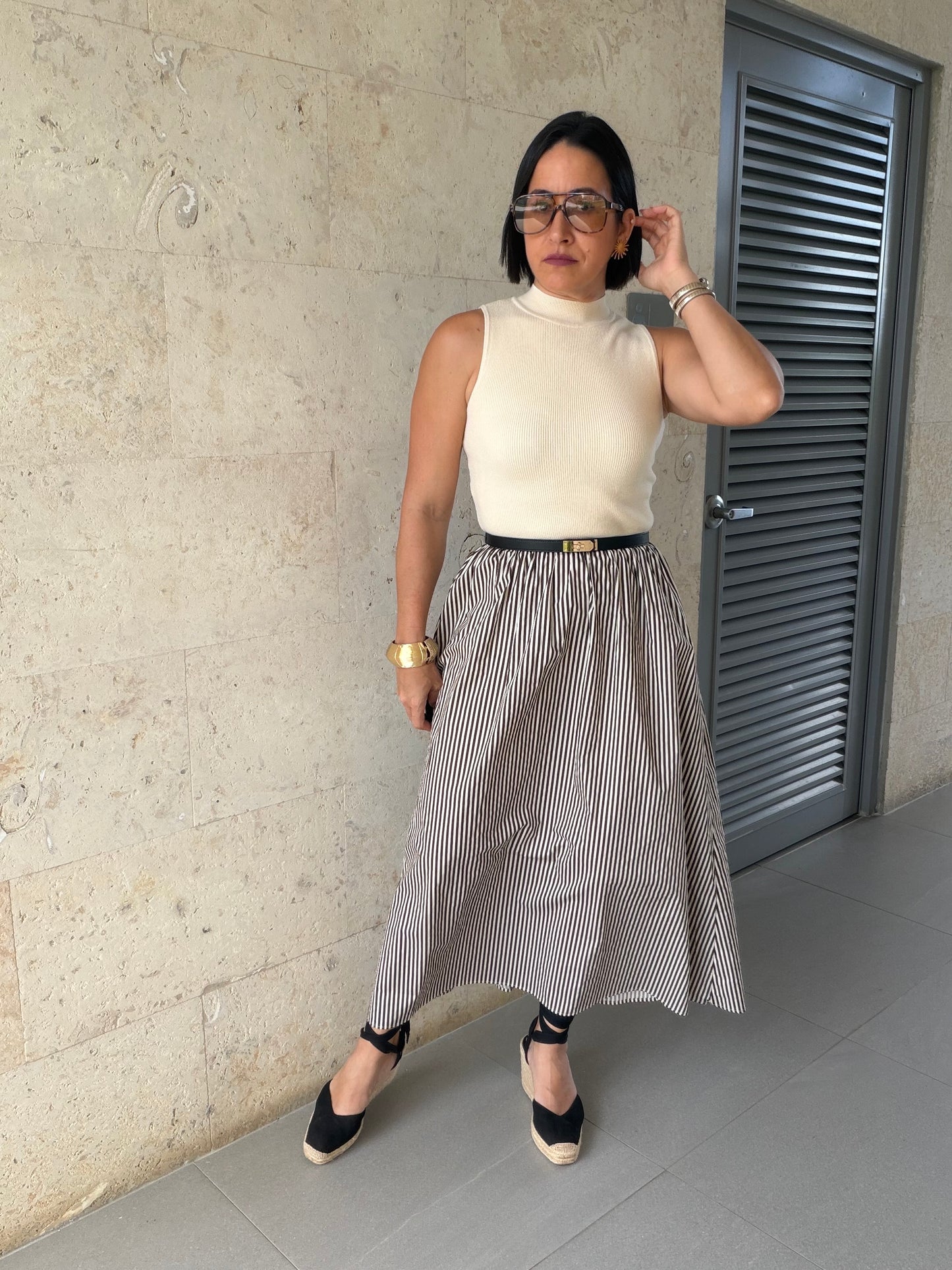 Roa striped midi dress Ivory/Brown
