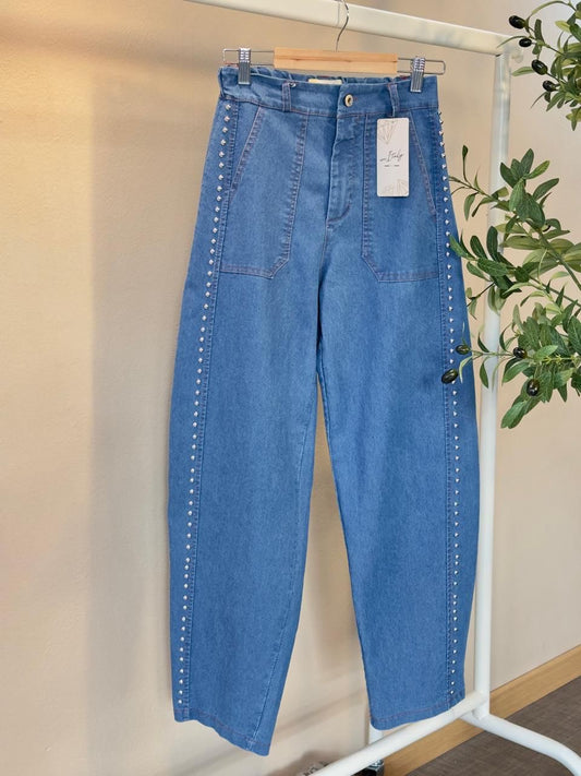 Studded Denim Barrel Pants