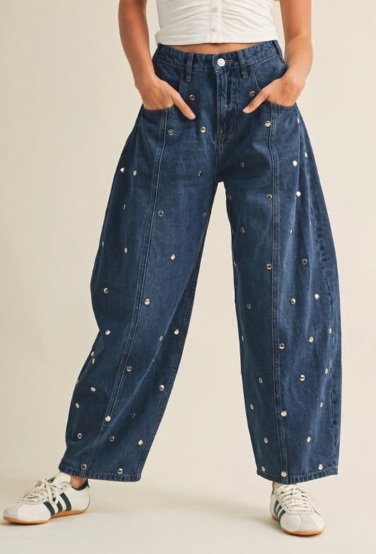 Dark Denim Studded Barrel Pants** PREORDER **