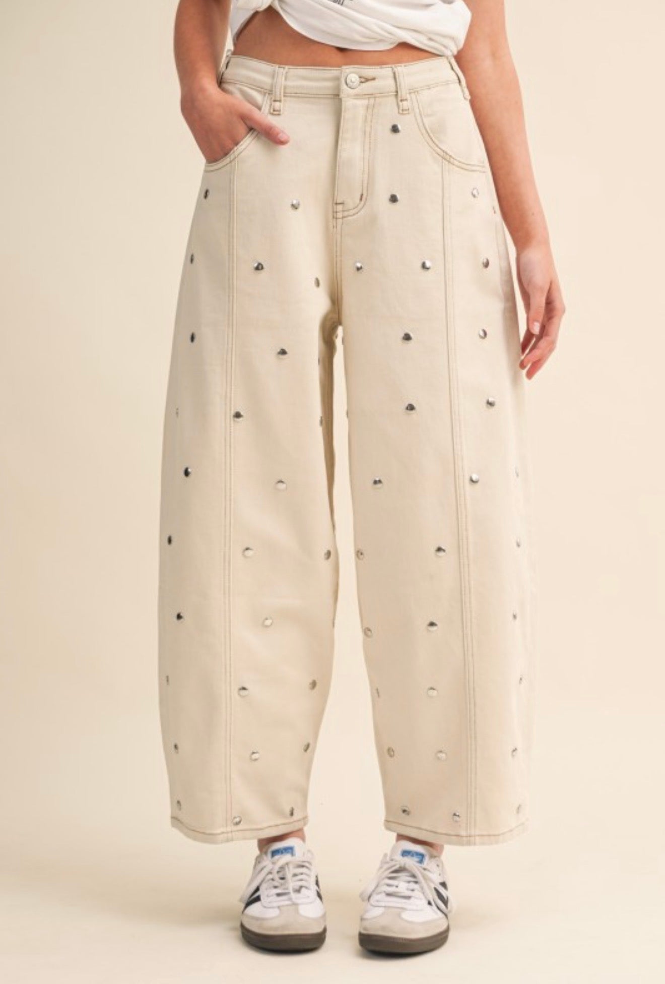 Cream Denim Studded Barrel Pants