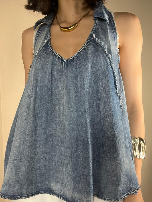 Annalina Frayed Seam Collared Denim Tank Top