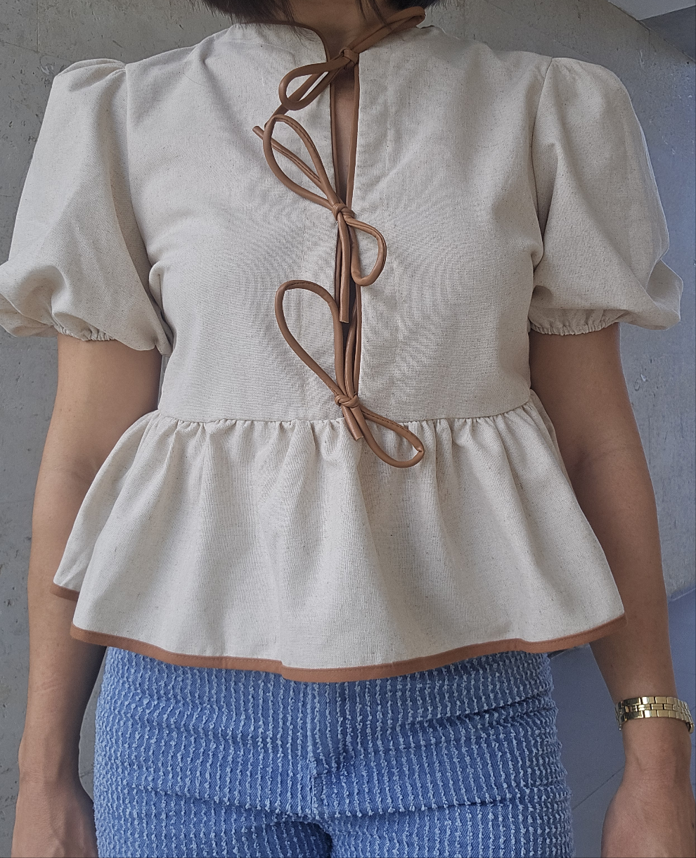 Linen Bow Tie Detail Blouse