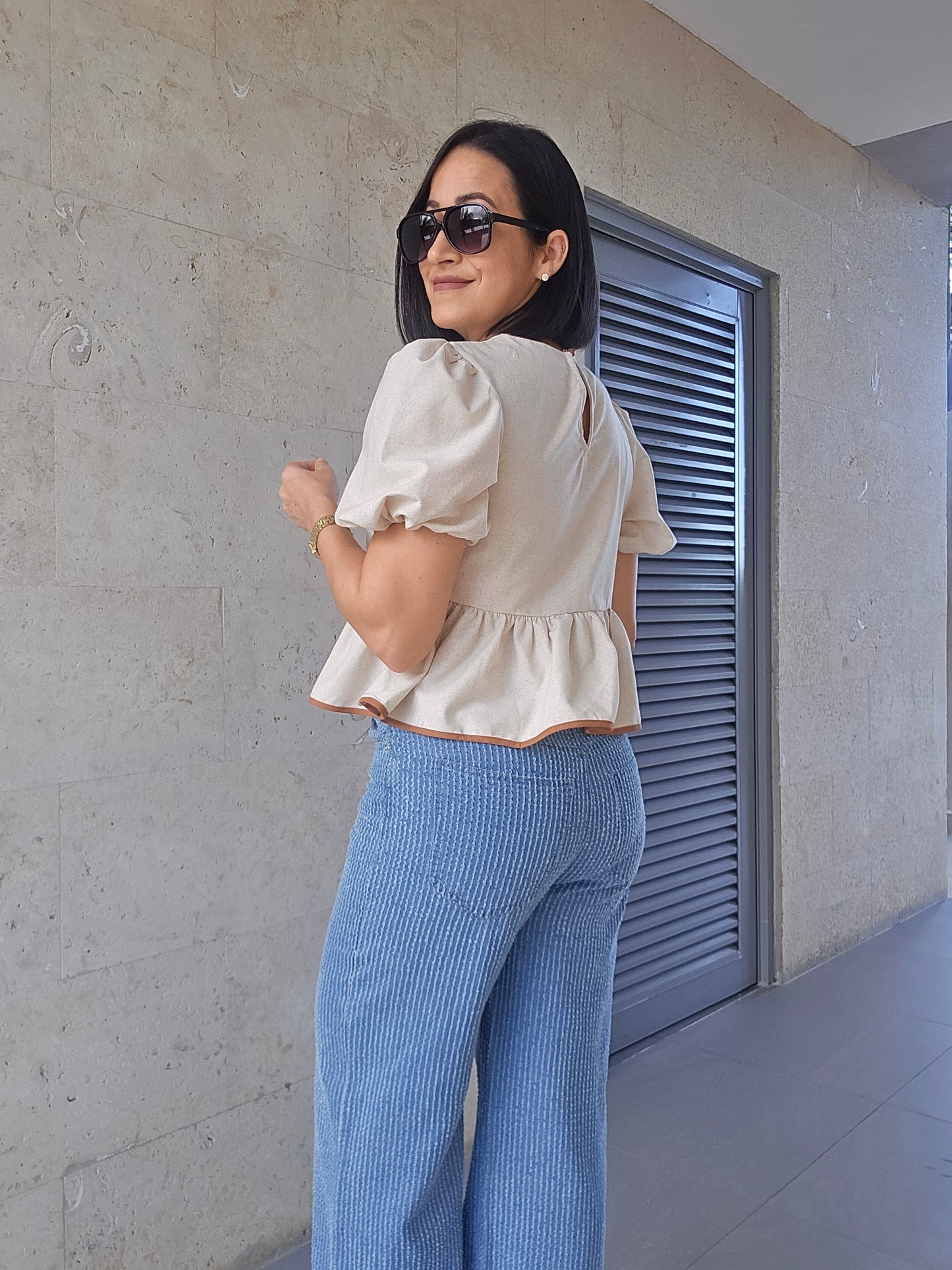 Linen Bow Tie Detail Blouse