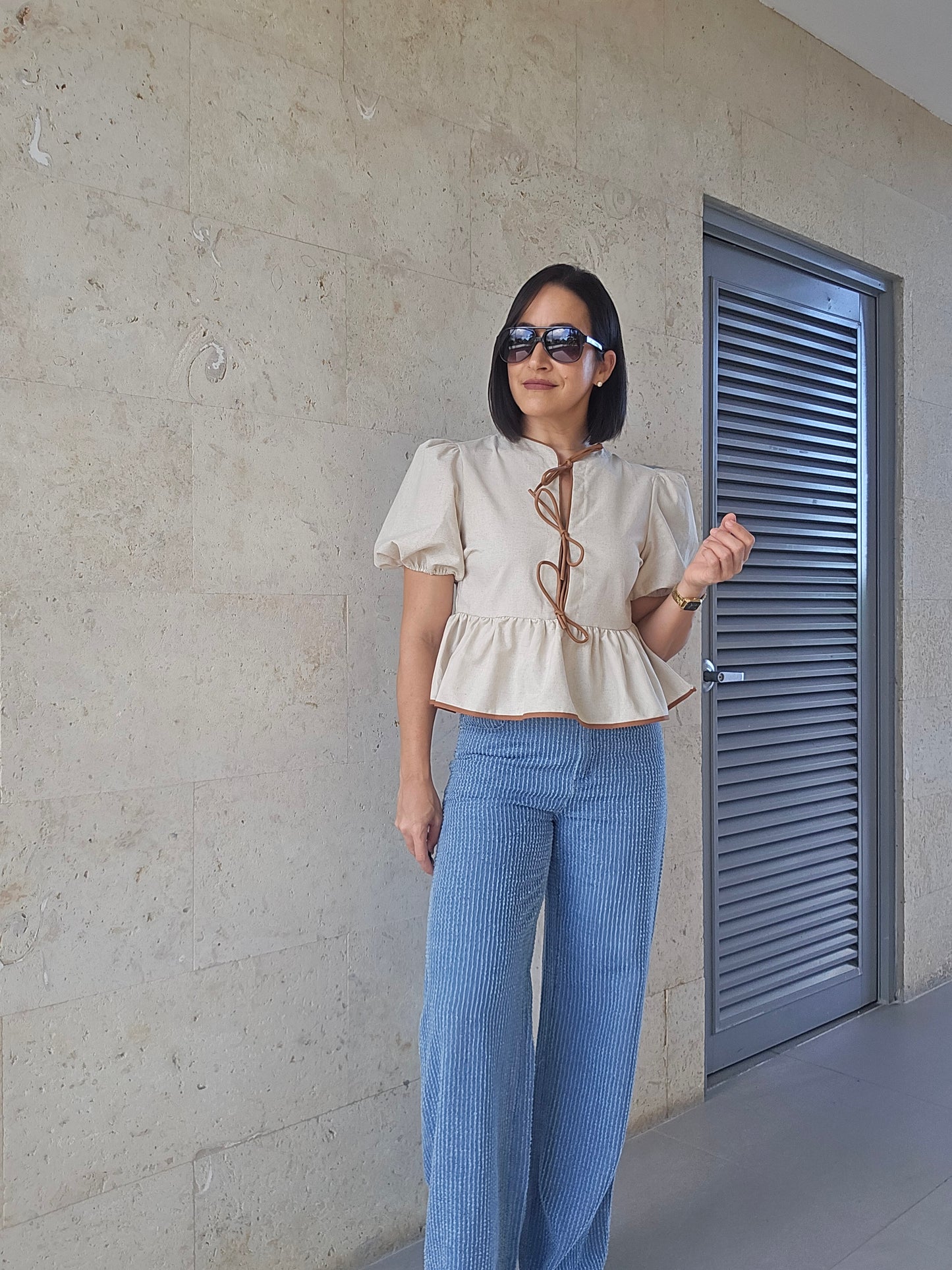 Linen Bow Tie Detail Blouse