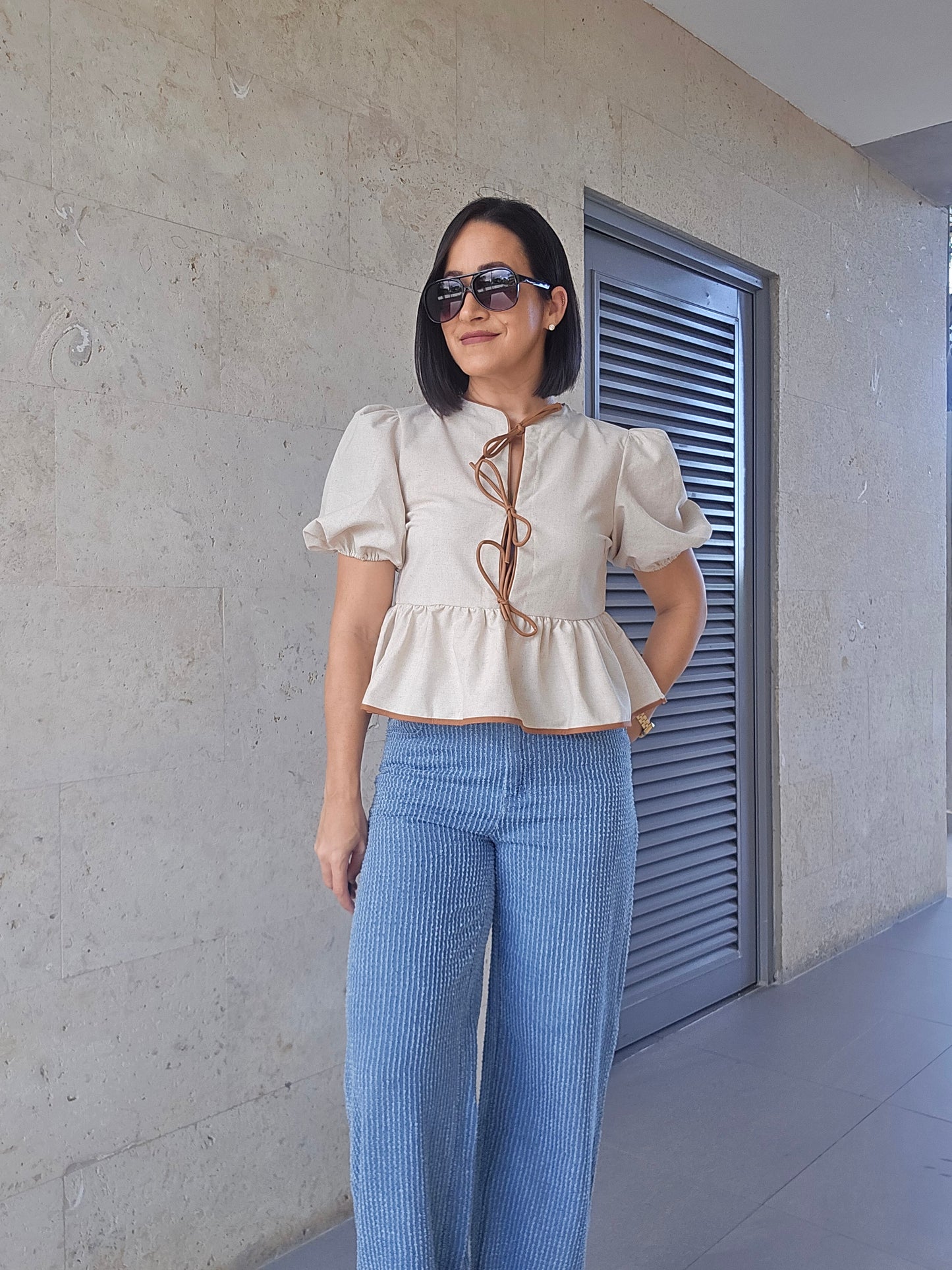 Linen Bow Tie Detail Blouse