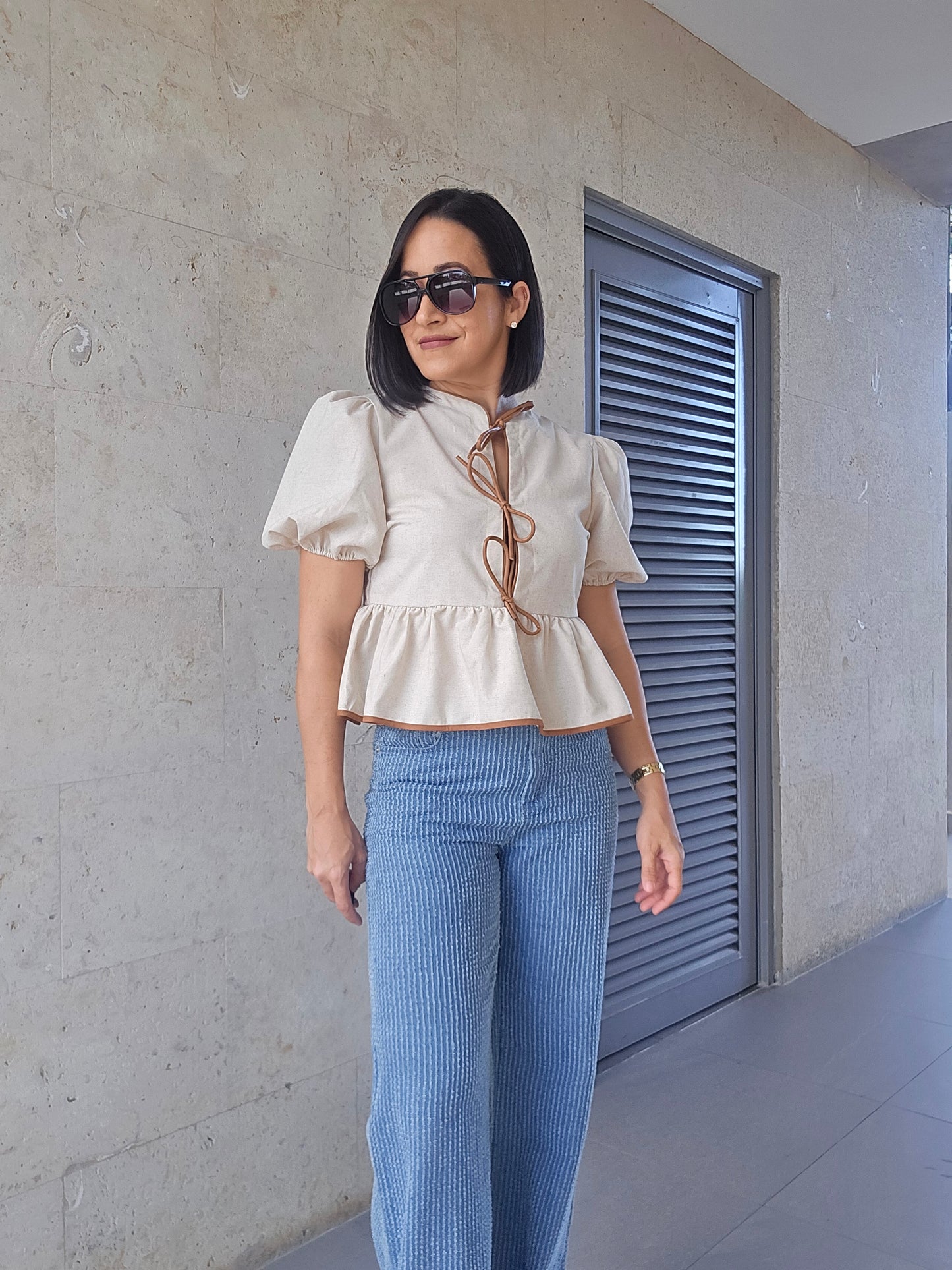 Linen Bow Tie Detail Blouse