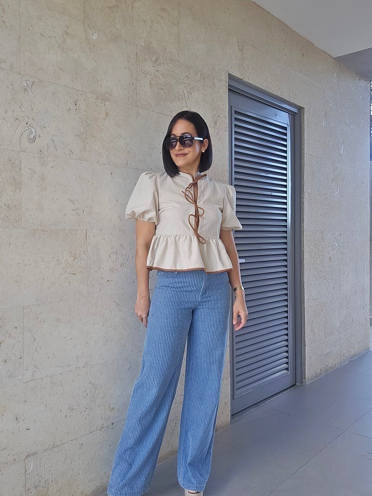 Linen Bow Tie Detail Blouse